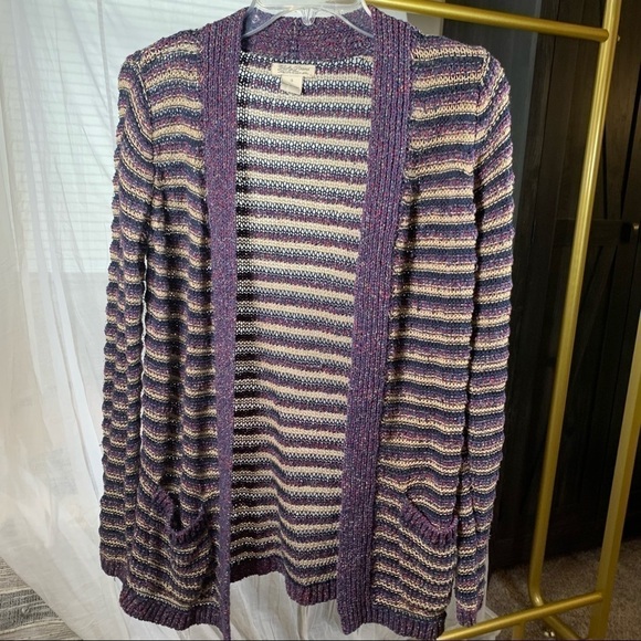 Lucky Brand open knit striped purple blue and tan cardigan small - Picture 7 of 8
